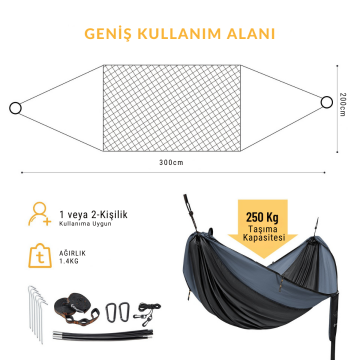 KingCamp Multi-function 3 ü 1 Arada Çift Kişilik Cibinlikli Hamak Black