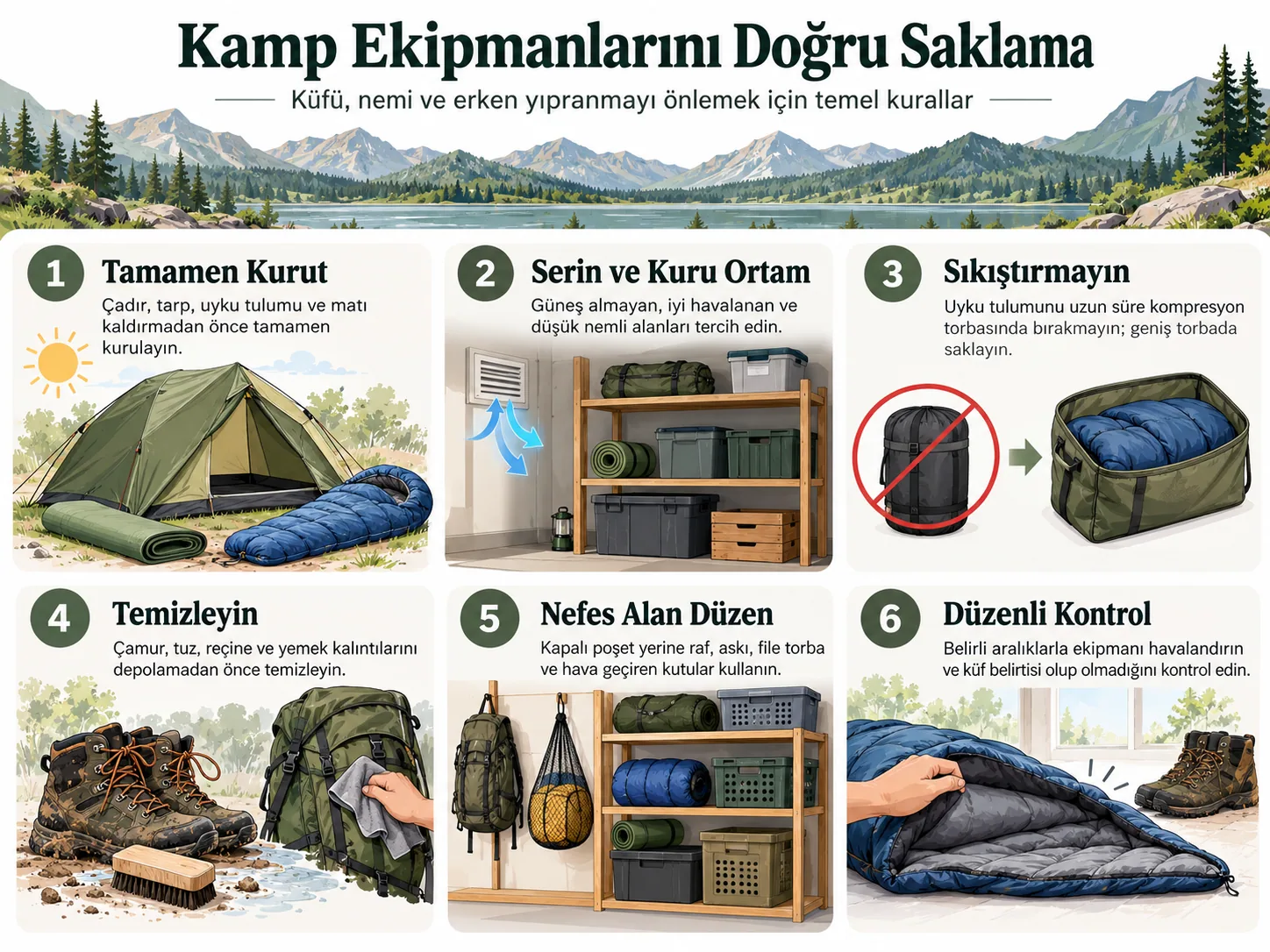 Kamp ekipmanlarının saklanması için altı temel kural: kurutma, havalandırma, sıkıştırmama, temizlik, nefes alan saklama, kontrol