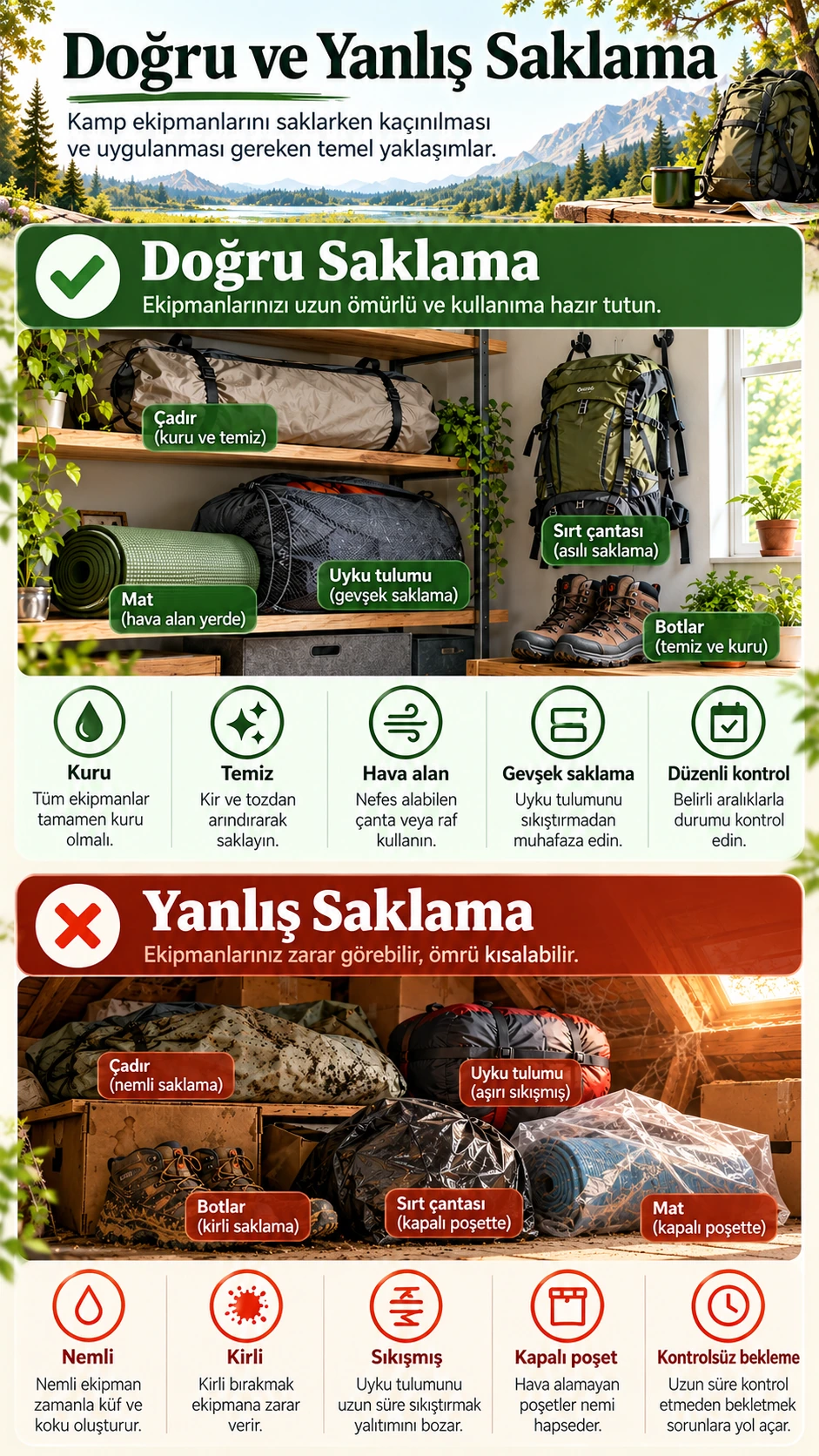 Doğru ve yanlış kamp ekipmanı saklama yöntemleri: mobil karşılaştırma