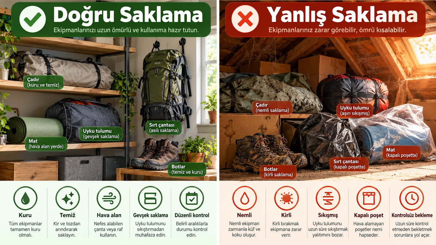 Kamp ekipmanlarında doğru ve yanlış saklama yöntemlerinin karşılaştırması