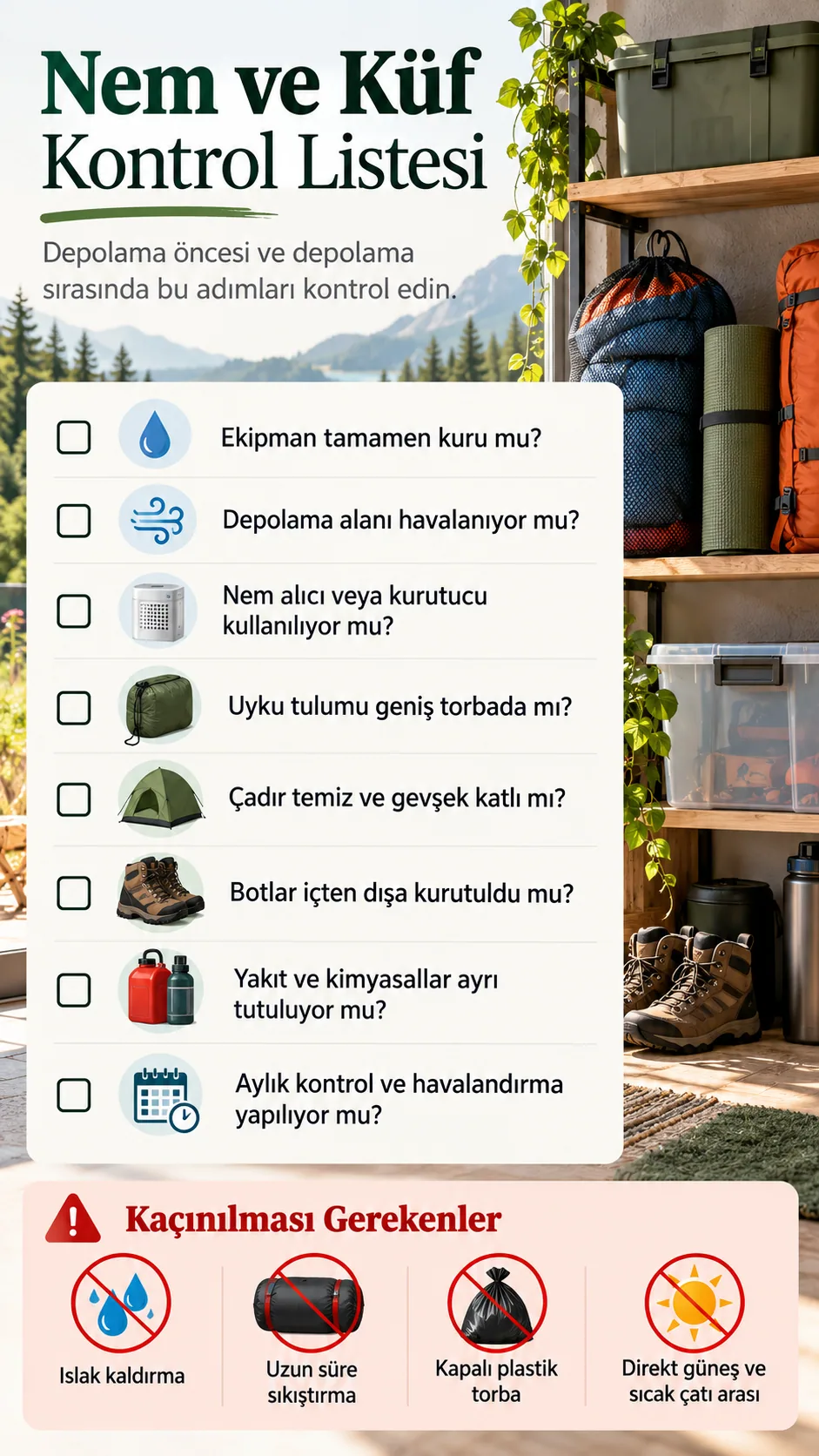 Kamp malzemeleri için nem ve küf kontrol listesi
