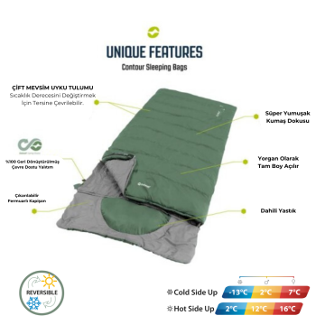 Outwell Contour Black Yazlık ve Kışlık Taraflı -13°C 1500gr Geniş Uyku Tulumu Siyah Sol Fermuar