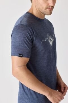 Woolona Baskılı Kısa Kollu %50 Yün %50 Lyocell T-shirt Lacivert