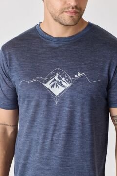 Woolona Baskılı Kısa Kollu %50 Yün %50 Lyocell T-shirt Lacivert