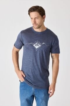 Woolona Baskılı Kısa Kollu %50 Yün %50 Lyocell T-shirt Lacivert
