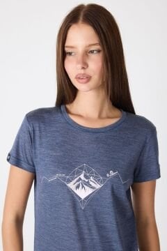 Woolona Baskılı Kısa Kollu %50 Yün %50 Lyocell T-shirt Lacivert
