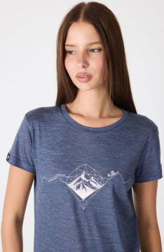 Woolona Baskılı Kısa Kollu %50 Yün %50 Lyocell T-shirt Lacivert