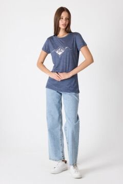 Woolona Baskılı Kısa Kollu %50 Yün %50 Lyocell T-shirt Lacivert