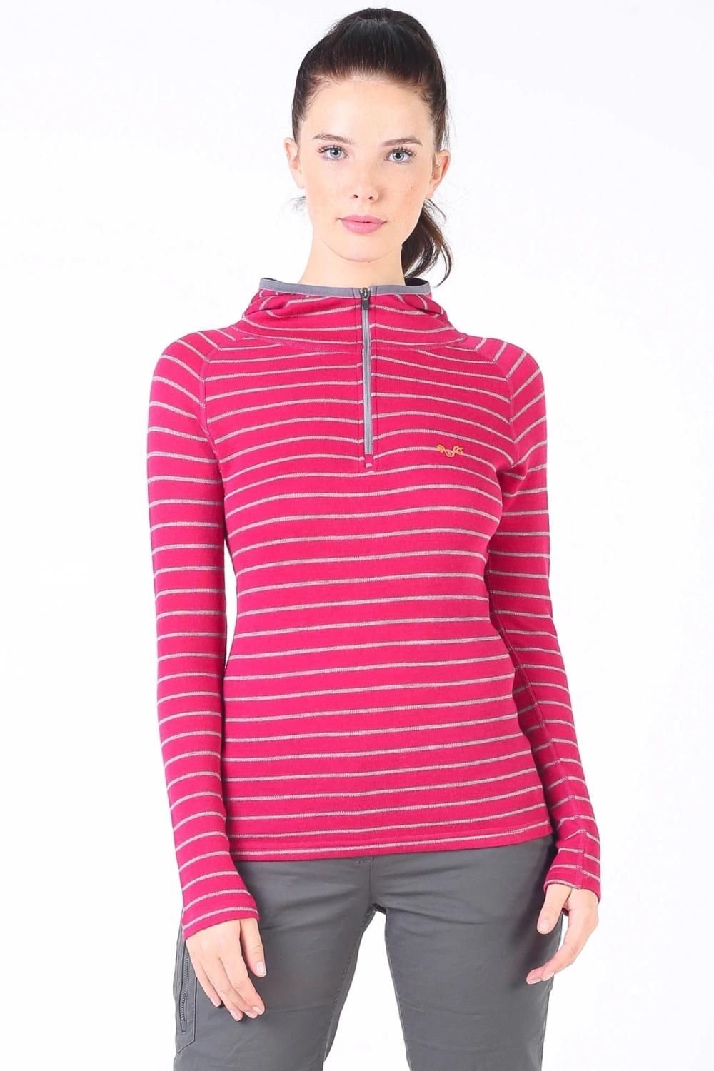 Woolona Skadi Hoodie Kadın Pembe-Gri Yarım Fermuar Kapşonlu %100 Yün Termal İçlik