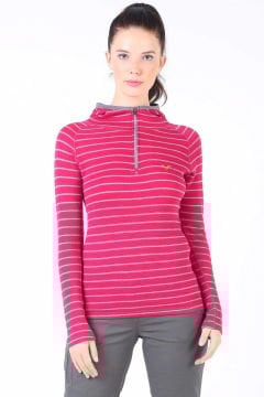 Woolona Skadi Hoodie Kadın Pembe-Gri Yarım Fermuar Kapşonlu %100 Yün Termal İçlik