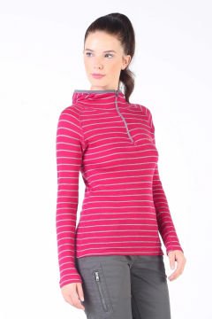 Woolona Skadi Hoodie Kadın Pembe-Gri Yarım Fermuar Kapşonlu %100 Yün Termal İçlik