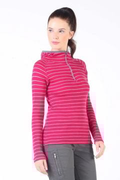 Woolona Skadi Hoodie Kadın Pembe-Gri Yarım Fermuar Kapşonlu %100 Yün Termal İçlik