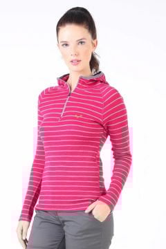 Woolona Skadi Hoodie Kadın Pembe-Gri Yarım Fermuar Kapşonlu %100 Yün Termal İçlik
