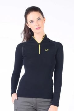 Woolona Vega Kadın Siyah Uzun Kollu Fermuarlı %100 Yün Termal İçlik