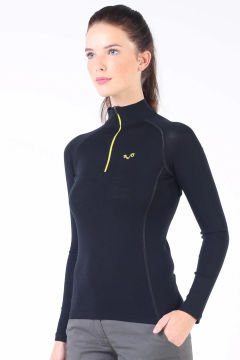 Woolona Vega Kadın Siyah Uzun Kollu Fermuarlı %100 Yün Termal İçlik
