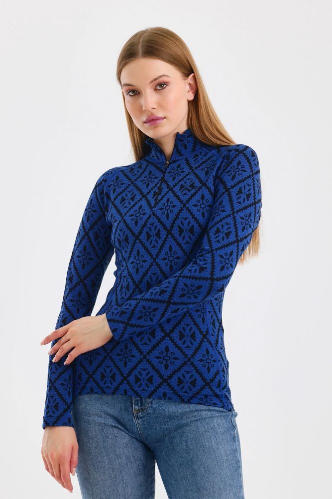 Woolona Venüs Kadın Mavi Uzun Kollu Fermuarlı %100 Yün Termal İçlik