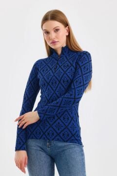 Woolona Venüs Kadın Mavi Uzun Kollu Fermuarlı %100 Yün Termal İçlik
