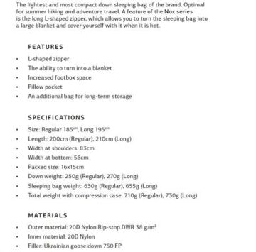 Turbat Nox 250 -11'C Superlite Uyku Tulumu - 185L, Gri