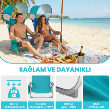 Wejoy Wavora B10 Plus | UPF50+ Gölgelikli 4 Kademeli Katlanır Plaj Sandalyesi Cyan