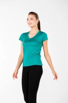 Woolona Calima Kadın Zümrüt Rengi Kısa Kollu V Yaka Tişört %100 Yün Termal İçlik