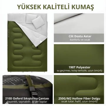 KingCamp Oxygen 250-D Çift Kişilik Yastıklı Uyku Tulumu Olive