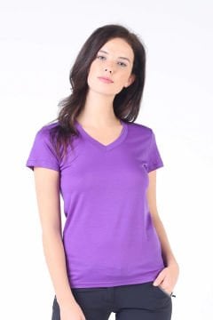 Woolona Calima Kadın Mor Kısa Kollu V Yaka Tişört %100 Yün Termal İçlik