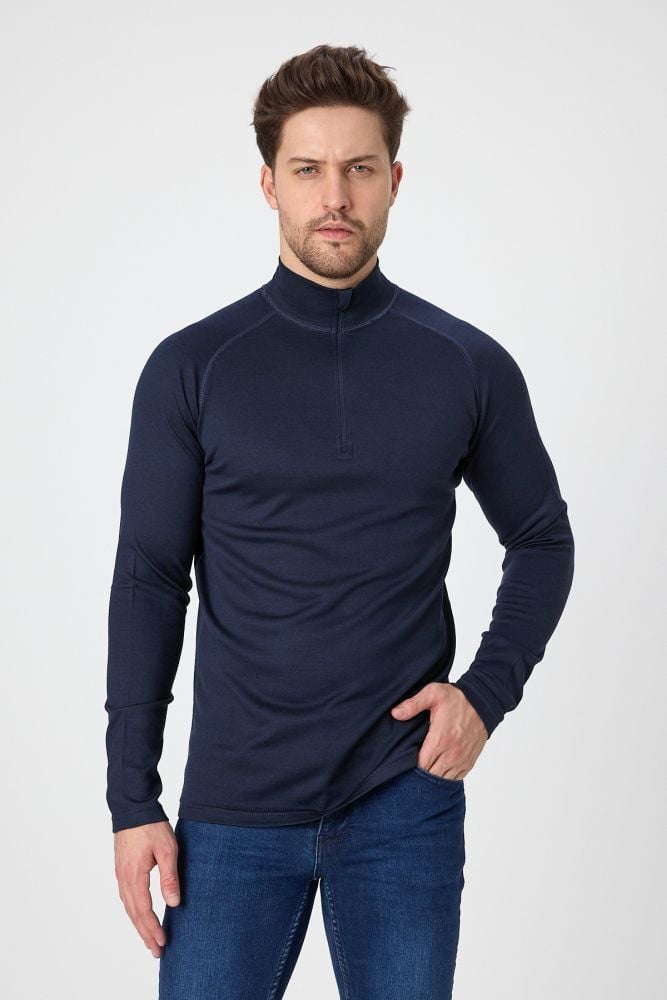 Woolona %100 Merinos Yünü Erkek Kalın Örgülü 1/4 Fermuarlı Uzun Kollu Termal İçlik Lacivert