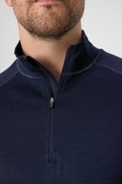 Woolona %100 Merinos Yünü Erkek Kalın Örgülü 1/4 Fermuarlı Uzun Kollu Termal İçlik Lacivert