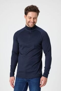 Woolona %100 Merinos Yünü Erkek Kalın Örgülü 1/4 Fermuarlı Uzun Kollu Termal İçlik Lacivert