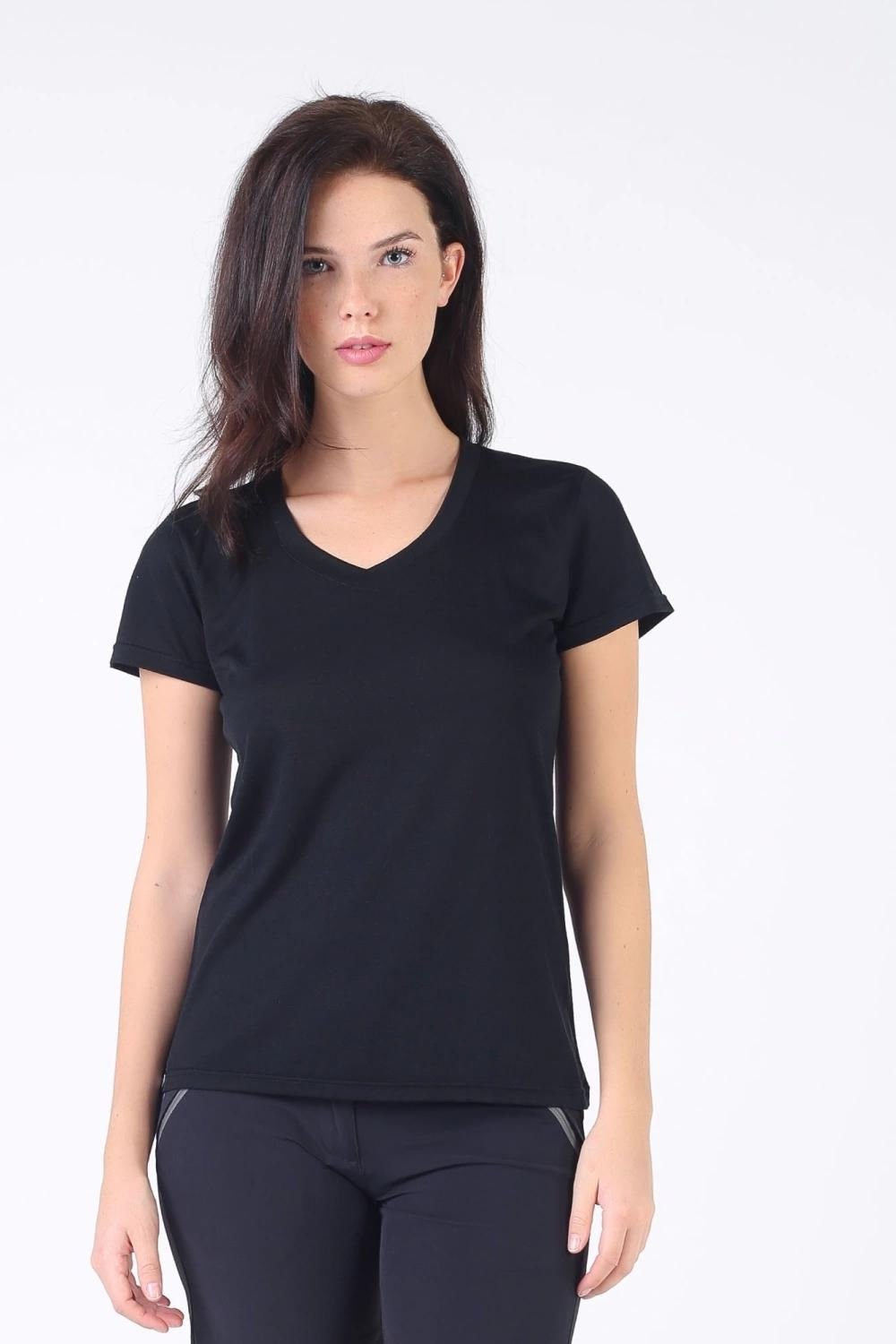 Woolona Calima Kadın Siyah Kısa Kollu V Yaka Tişört %100 Yün Termal İçlik