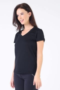 Woolona Calima Kadın Siyah Kısa Kollu V Yaka Tişört %100 Yün Termal İçlik