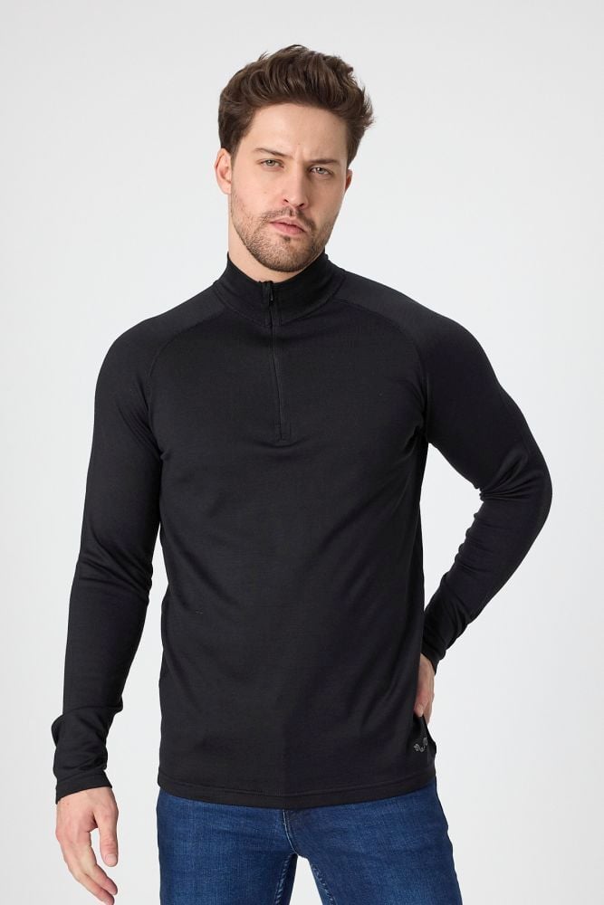 Woolona %100 Merinos Yünü Erkek Kalın Örgülü 1/4 Fermuarlı Uzun Kollu Termal İçlik Siyah