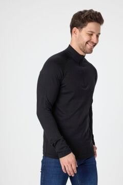 Woolona %100 Merinos Yünü Erkek Kalın Örgülü 1/4 Fermuarlı Uzun Kollu Termal İçlik Siyah