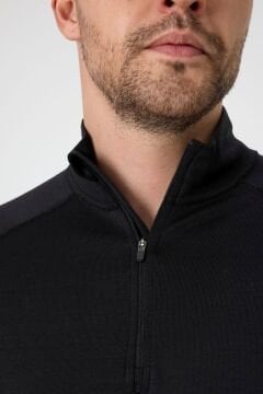 Woolona %100 Merinos Yünü Erkek Kalın Örgülü 1/4 Fermuarlı Uzun Kollu Termal İçlik Siyah