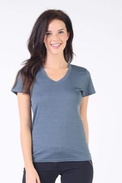Woolona Calima Kadın Gri Kısa Kollu V Yaka Tişört %100 Yün Termal İçlik
