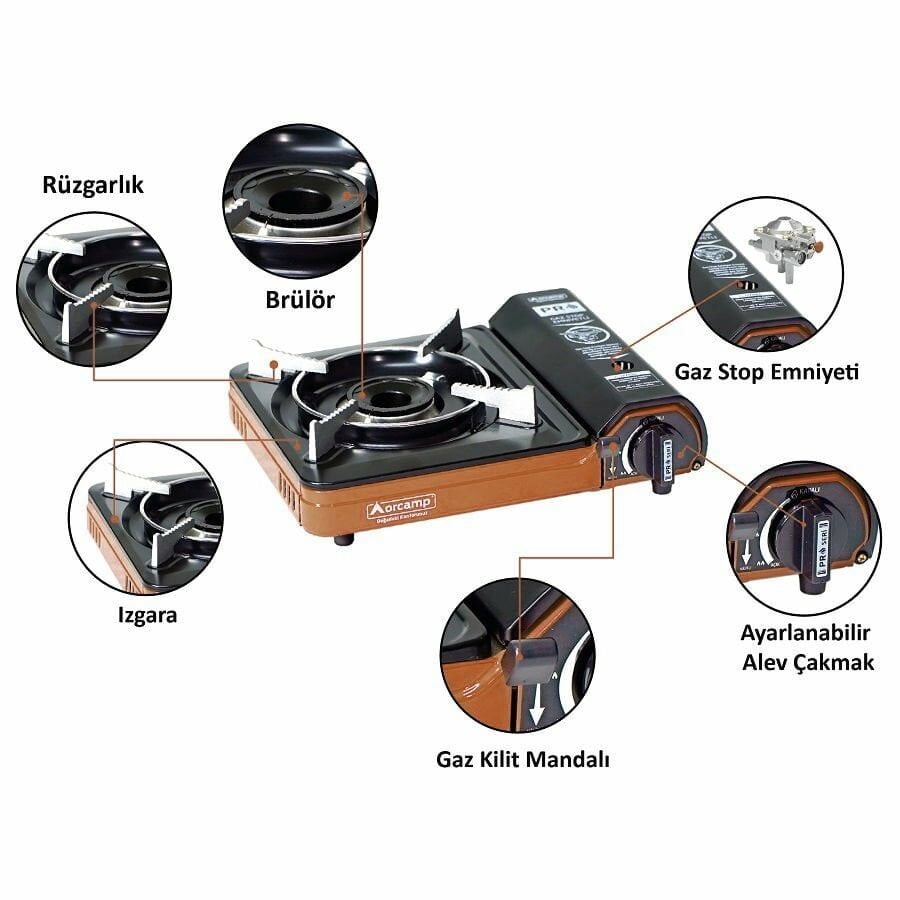 Orcamp Tekli Portatif Kamp Ocak Gaz Stop Emniyetli Taba Turuncu CK-505-TB