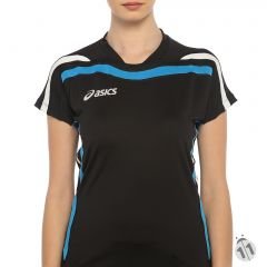 Asics DuoTech Performans DryActive Bayan Siyah Mavi Şeritli Kısa Kollu Sporcu Body