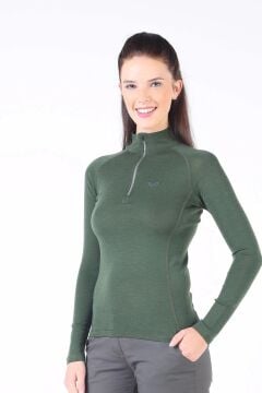 Woolona Vega Kadın Yeşil Uzun Kollu Fermuarlı %100 Yün Termal İçlik MZ SMALL