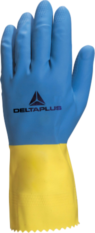Delta Plus DUOCOLOR VE330 Mavi-Sarı Floke İç Yüzeyli Çift Kaplama Lateks Kimyasal Koruyucu İş Eldiveni EN 388 EN ISO 374-1 EN ISO 374-5