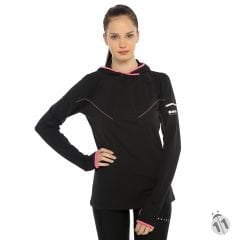 Gore-Tex Bayan Siyah Pembe Şeritli Uzun Kollu Şapkalı Ipod Cepli ProDryFit Outdoor, Koşu, Fitness Tişört