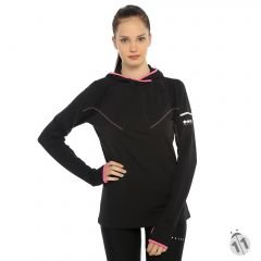 Gore-Tex Bayan Siyah Pembe Şeritli Uzun Kollu Şapkalı Ipod Cepli ProDryFit Outdoor, Koşu, Fitness Tişört