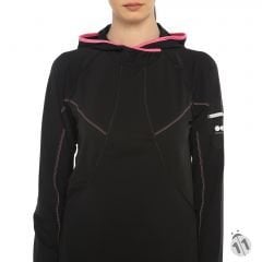 Gore-Tex Bayan Siyah Pembe Şeritli Uzun Kollu Şapkalı Ipod Cepli ProDryFit Outdoor, Koşu, Fitness Tişört