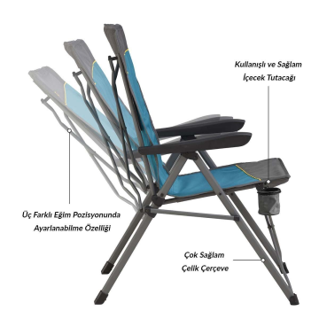 Uquip Justy XL 3 Pozisyonlu Konforlu Katlanır Kamp Sandalyesi Petrol/Grey