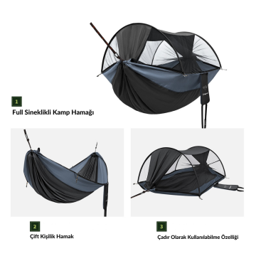 KingCamp Multi-function 3 ü 1 Arada Çift Kişilik Cibinlikli Hamak Black