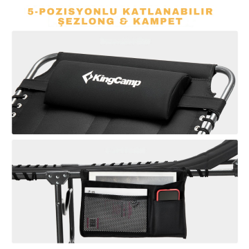 KingCamp Bavaria Cozy Premium 5 Kademeli Katlanır Şezlong Kampet Black