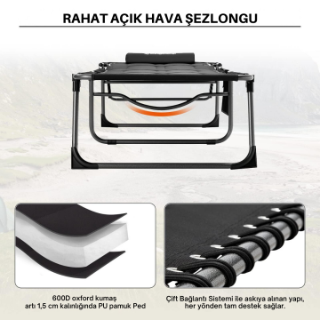 KingCamp Bavaria Cozy Premium 5 Kademeli Katlanır Şezlong Kampet Black