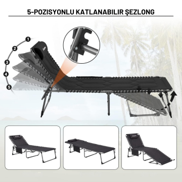 KingCamp Bavaria Cozy Premium 5 Kademeli Katlanır Şezlong Kampet Black