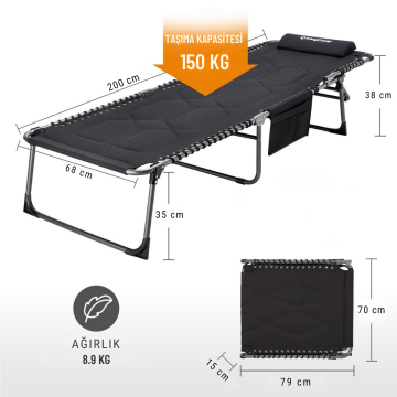 KingCamp Bavaria Cozy Premium 5 Kademeli Katlanır Şezlong Kampet Black