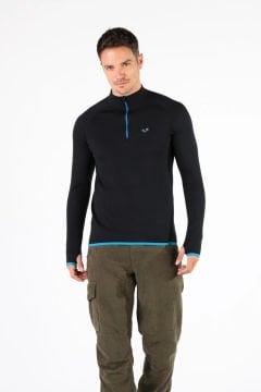 Woolona Halldor Erkek Siyah Uzun Kollu Fermuarlı %100 Yün Termal İçlik