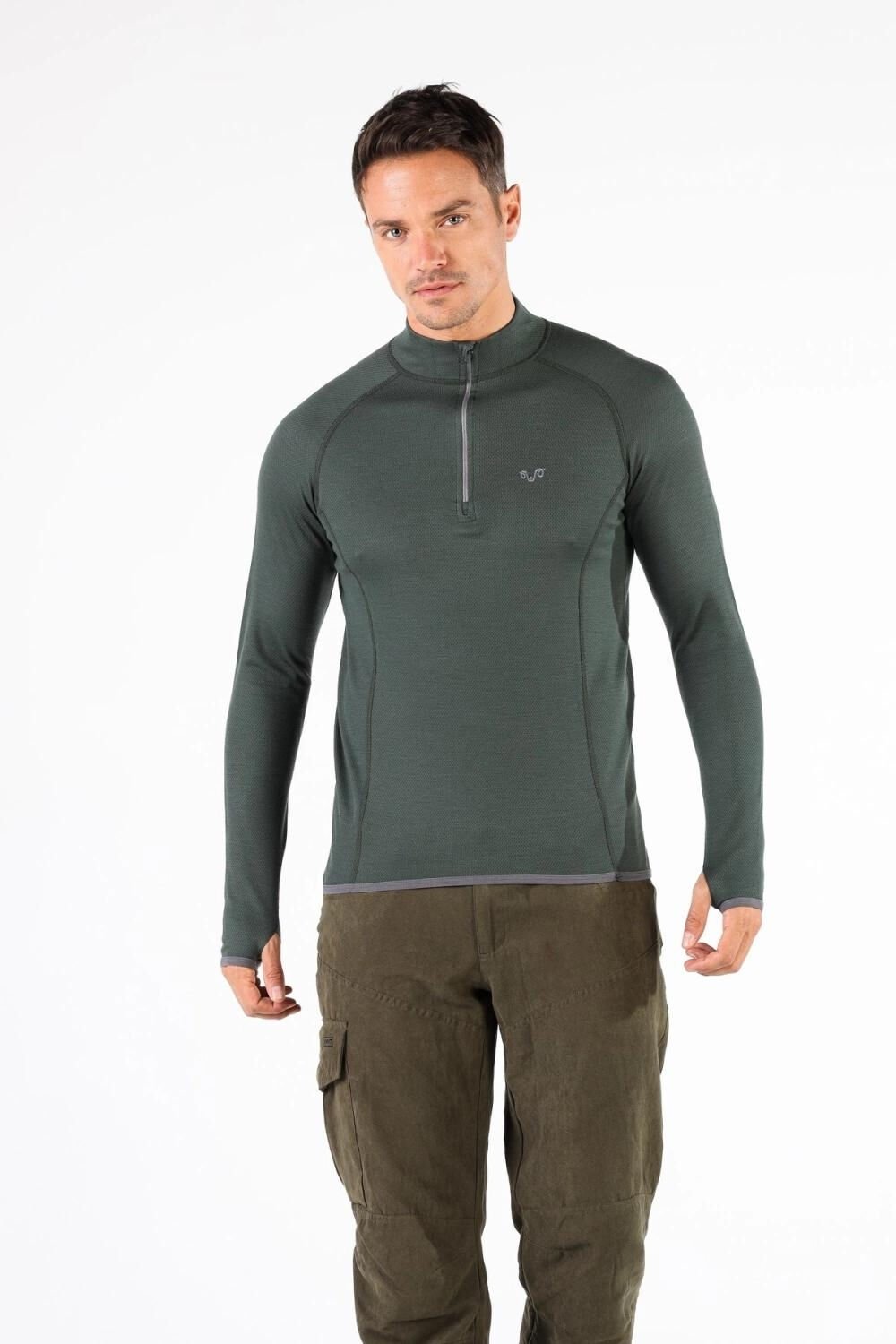 Woolona Halldor Erkek Yeşil Uzun Kollu Fermuarlı %100 Yün Termal İçlik